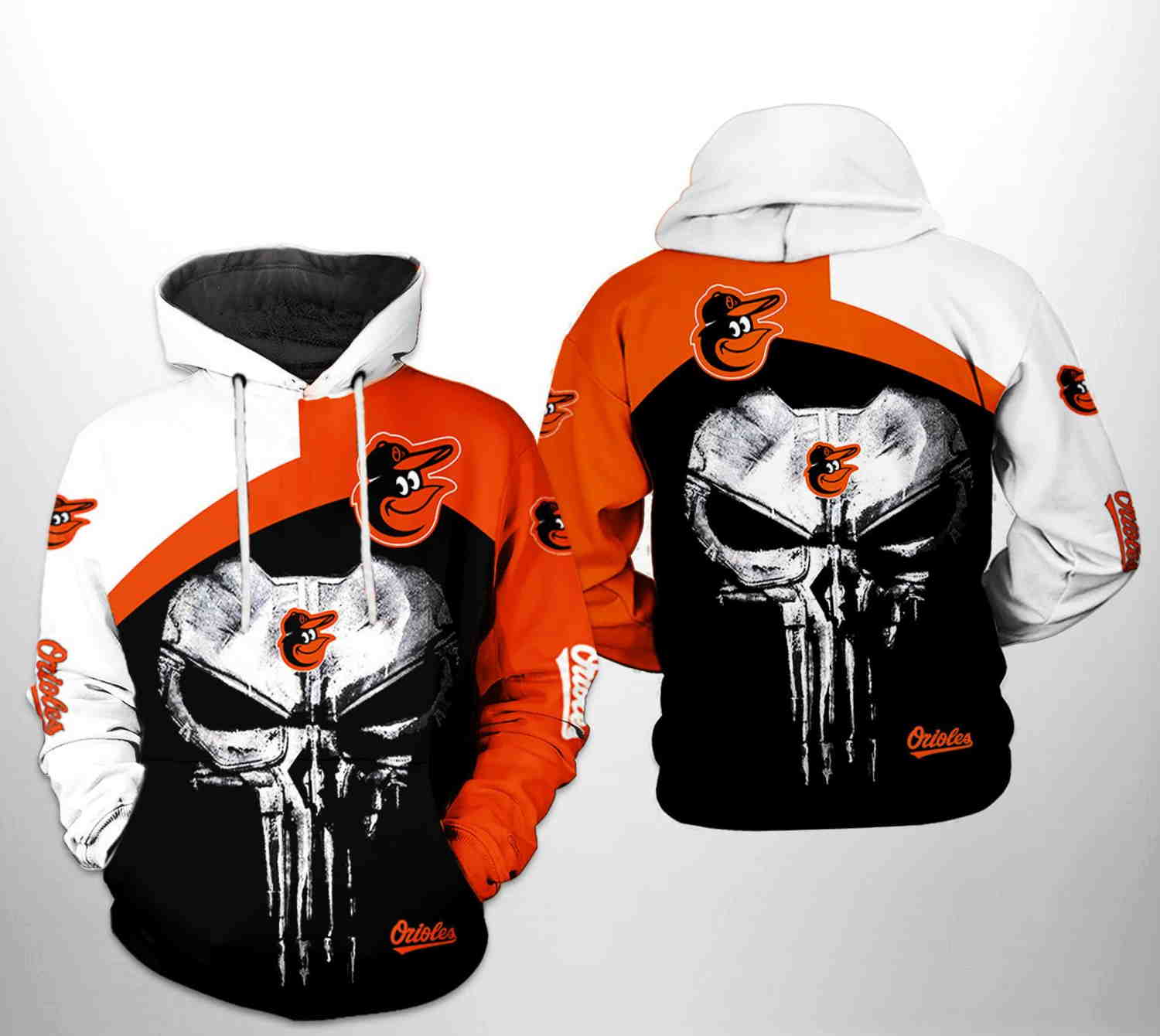 Baltimore Orioles MLB Skull Punisher 3D Hoodie Zipper Hoodie