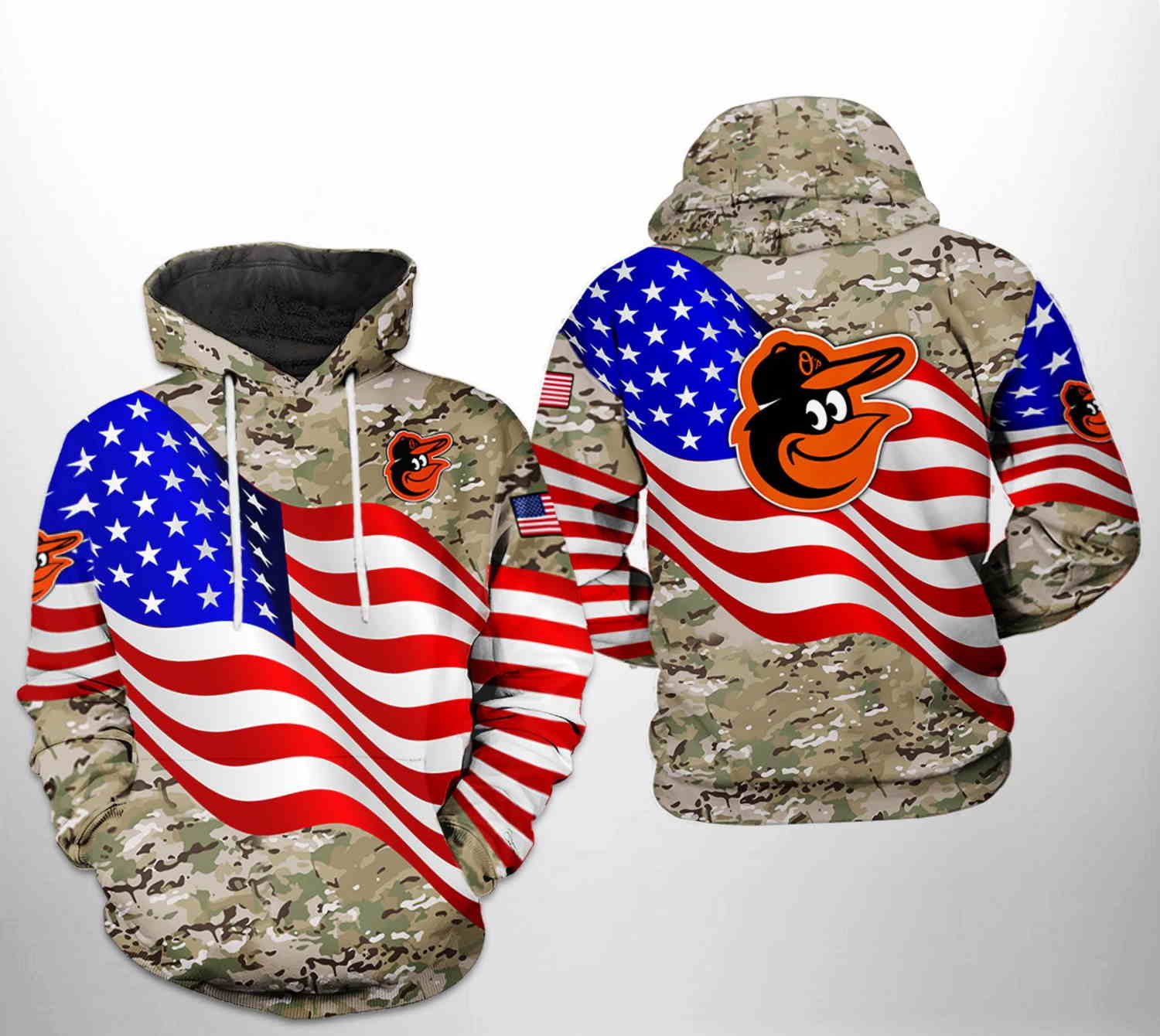 Baltimore Orioles MLB US Flag Camo Veteran 3D Hoodie Zipper Hoodie