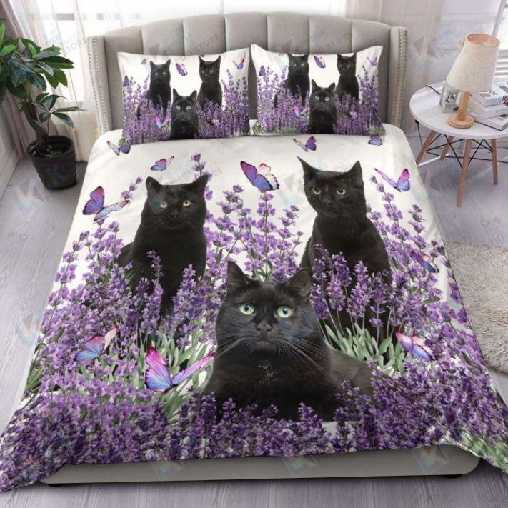 Black Cat And Lavender Flower 3D Bedding Set