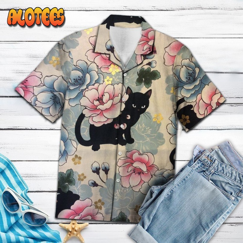 Black Cat Flower Cream Pink Hawaiian Shirt