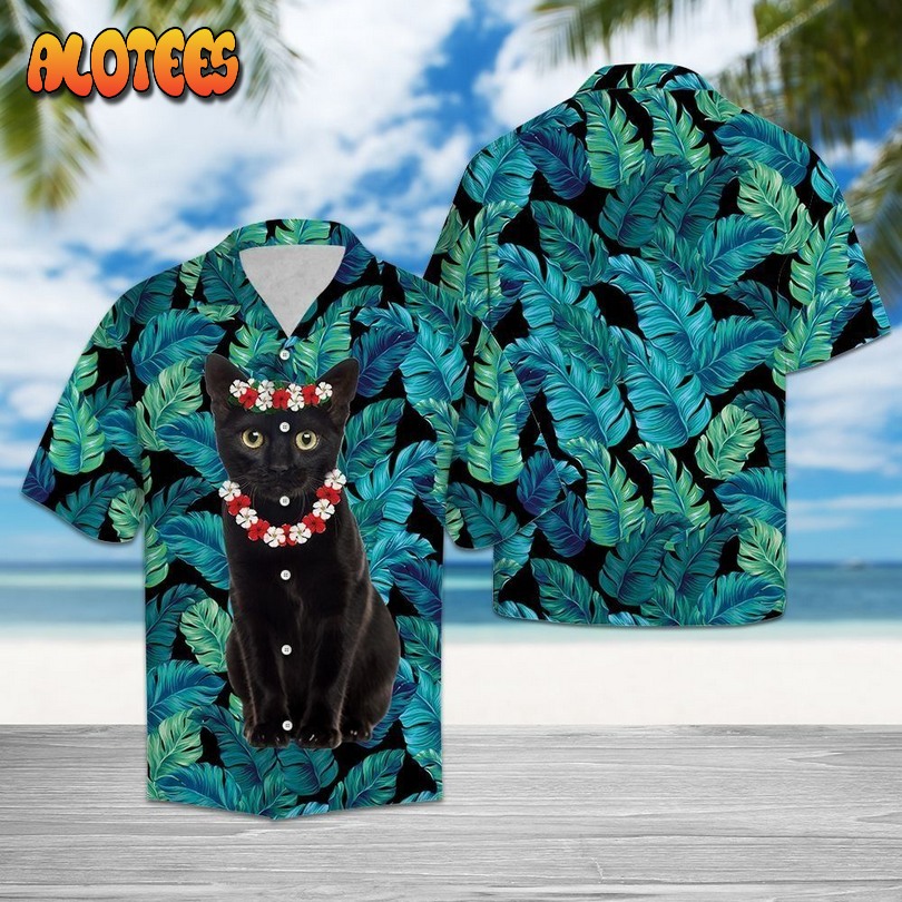 Black Cat Flower Crown Teal Hawaiian Shirt