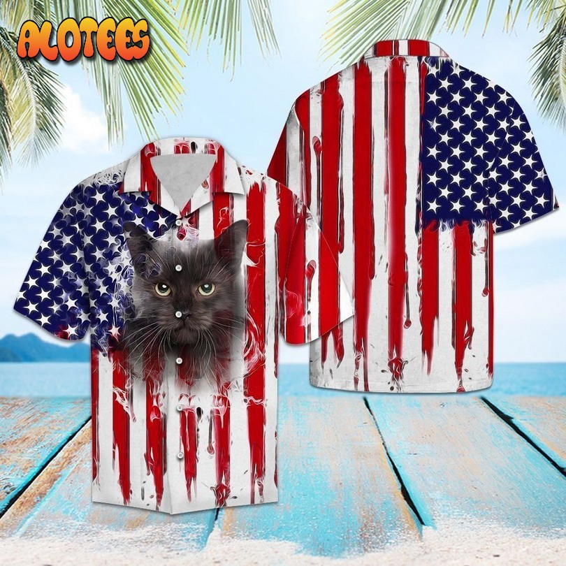 Black Cat Us Flag Pattern Navy Red Amazing Hawaiian Shirt