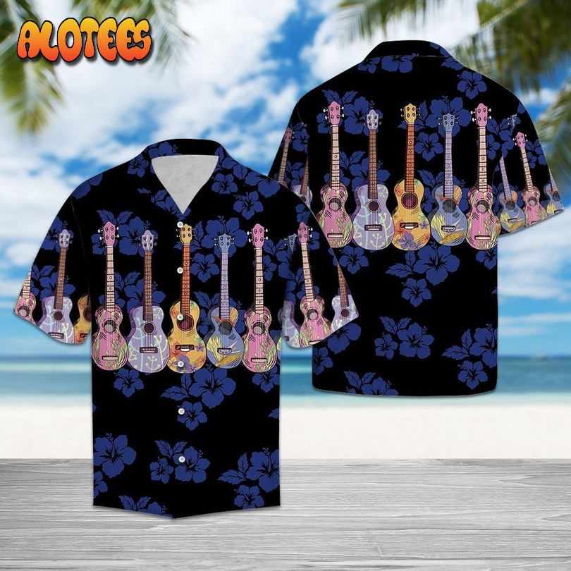 Colorful Ukulele For Vacation Black Navy Hawaiian Shirt