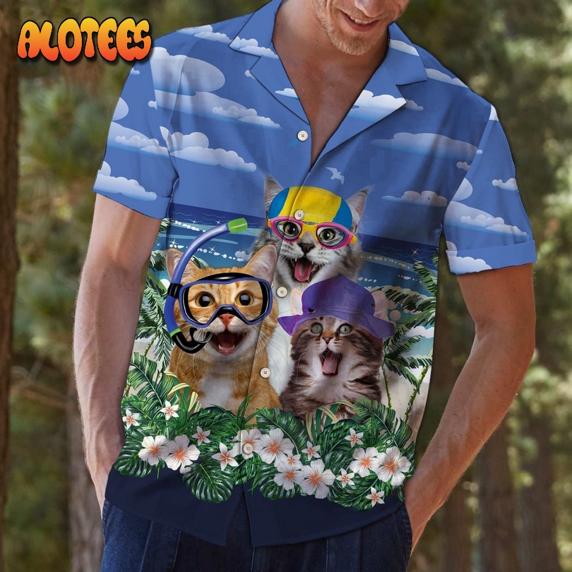 Flowers Cats Summer Beach Navy Hawaiian Shirt