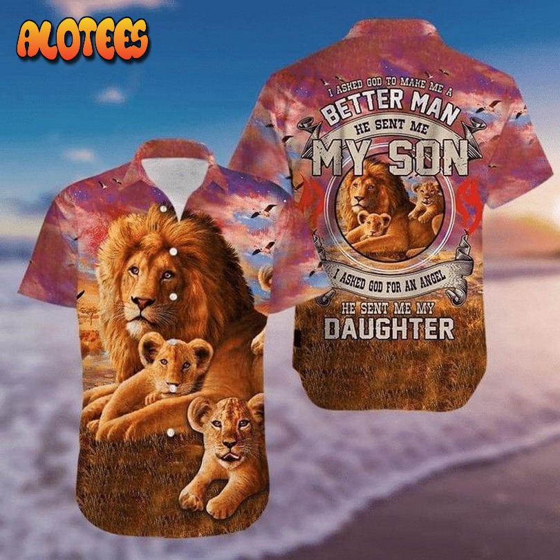 I Asked God To Make Me A Better Man Lion Print Polyester Hawaiian Shirt