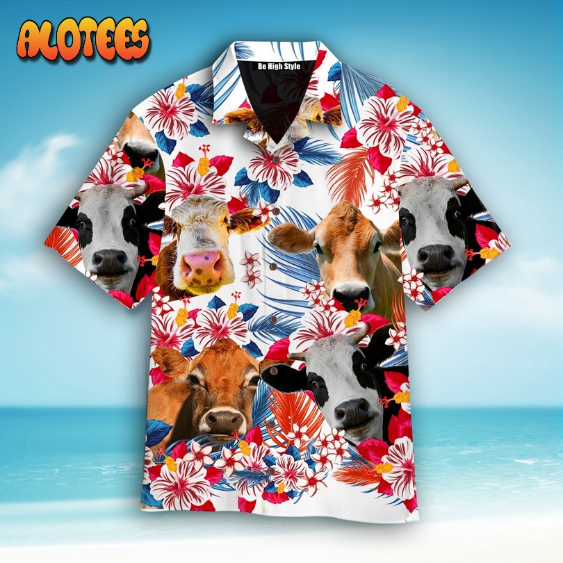 Jersey Cattle With American Flag Tropical Plant Pattern Hawaiian Shirt