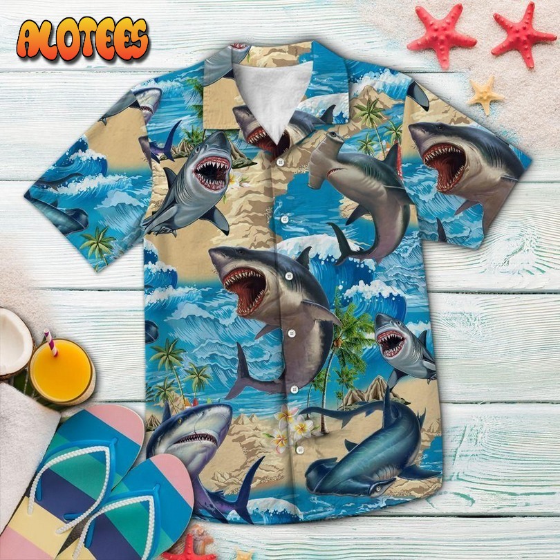 Shark Summer Vacation Blue Unique Hawaiian Shirt