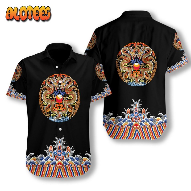 Symmetrical Chinoiserie Dragon Black Hawaiian Shirt