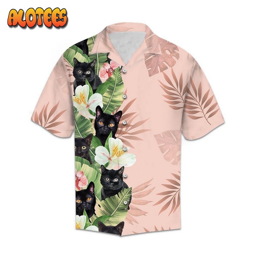 Tropical Black Cat Pink Cream Popular Hawaiian Shirt