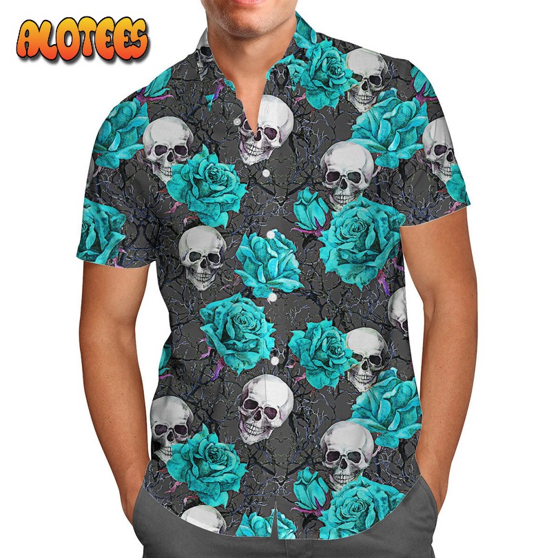 Turquoise Rose Skull Hawaiian Shirt